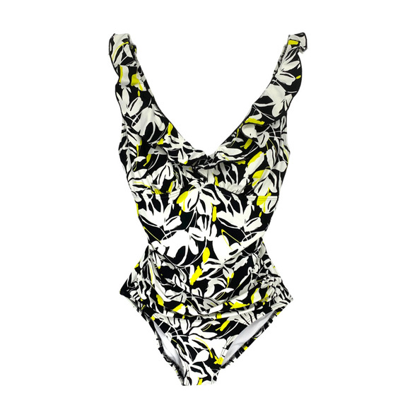 NWT DKNY Sz M Black & Yellow Floral Ruffle Trim One Piece Swim Bathing Suit NEW - Picture 2 of 9